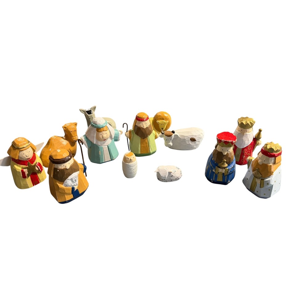 SCF Wooden Nativity Set 12 Piece Hand Painted Folk Art Christmas Manger Scene